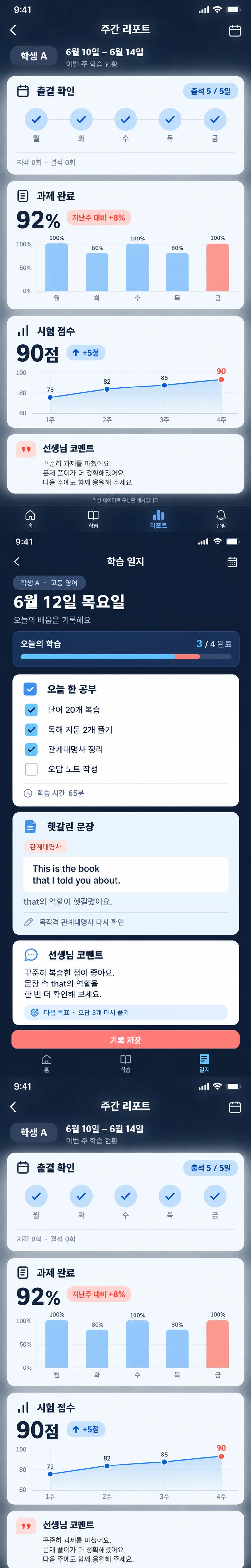 진도, 단어 점수, 숙제 인증과 수업 기록을 확인하는 가상 학생 홍길동의 학부모 화면
